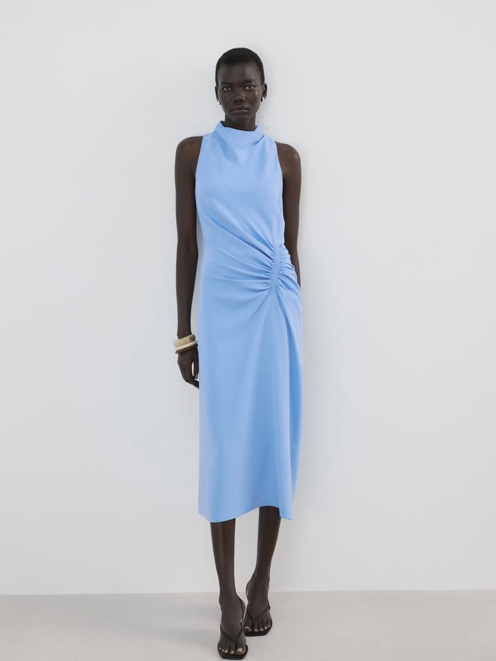 Mango DRAPED-NECK DRESS WITH SIDE RUCHING Blue dress size 4